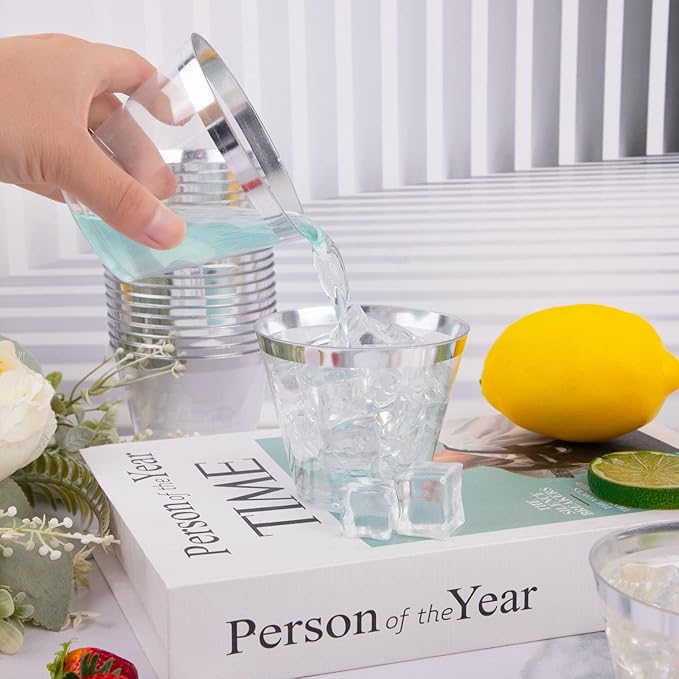 WELLIFE 200pcs Silver Cups, 9OZ Clear Plastic Cups,Plastic Wine Glasses Disposable,Cocktail Glasses for Party and Weddings