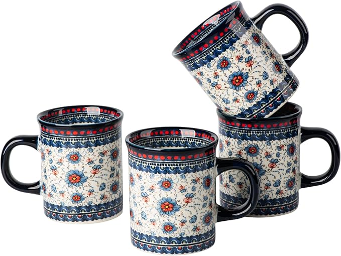 Ceramic Latte Mug Set of 4, 15.5oz Hand Painted Porcelain Coffee Cups With Handle for Tea/Milk/Cocoa - Modern Retro Design For Any Kitchen. Microwave and Dishwash Safe (Blue plasma grass)