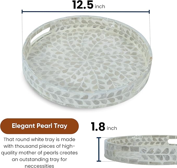 CLAYNIX Serving Tray 12.5 Inch, Lacquer Mother of Pearl Inlay Mosaic Tray, Round Wooden Marble Tray with Handles Trays for Tea, Breakfast (White)