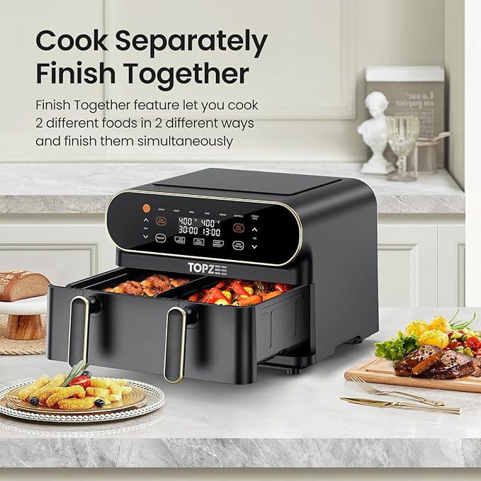 TOPZEE 11-QT Large Air Fryer, 8-in-1 XL Airfryer with Flex Basket, Divider for Dual Cooking, Preheat Air Fry, Roast, Broil, Bake, Reheat, Dehydrate, French Fries Dishwasher Safe, w/Gold Border
