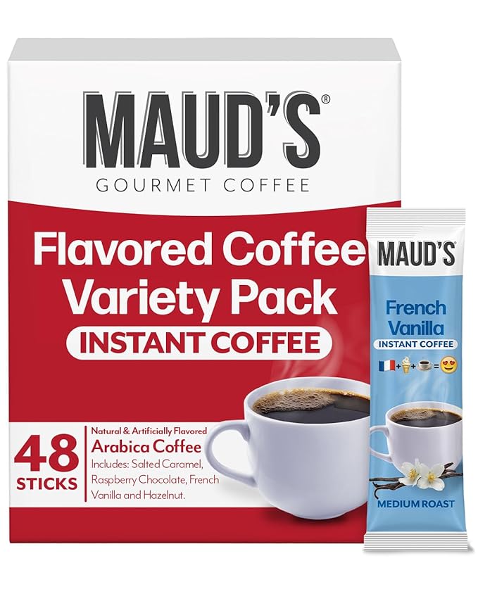 Maud's Flavored Instant Coffee Variety Pack, 48 ct, Caramel, Hazelnut, Raspberry, Vanilla, 100% Arabica Coffee, Medium Roast, Instant Hot or Iced Coffee - Just add water