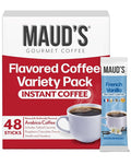 Maud's Flavored Instant Coffee Variety Pack, 48 ct, Caramel, Hazelnut, Raspberry, Vanilla, 100% Arabica Coffee, Medium Roast, Instant Hot or Iced Coffee - Just add water