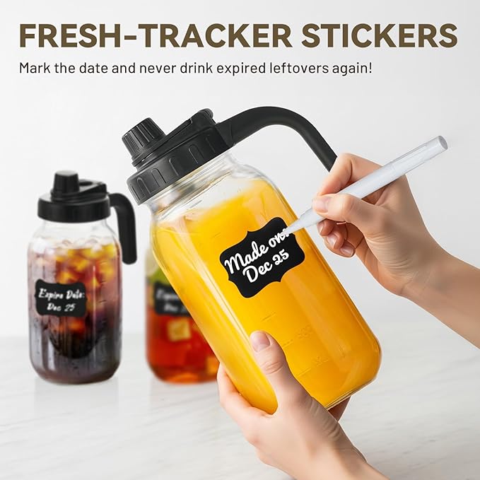 2 Pack Mason Jar Pitcher - Airtight & Leakproof Glass Pitcher with Lid, Perfect for Juice, Cold Brew, and Sun Tea - 2 Quart (64 oz) Mason Jar with Pour Spout Lid + Mixing Spoon, Brush, Labels