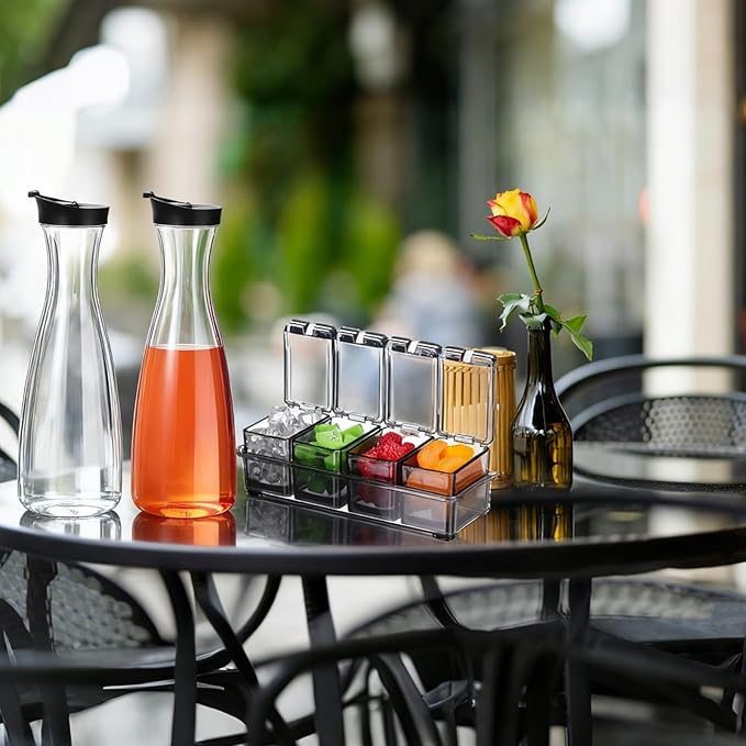 Honeydak 5 Pcs Mimosa Bar Supplies Include 4 Pcs 50 oz Plastic Carafe with Lids Clear Round Juice Pitcher Containers 1 Seasoning Box with Lid and Spoon for Christmas Party Serving Storage (Black)