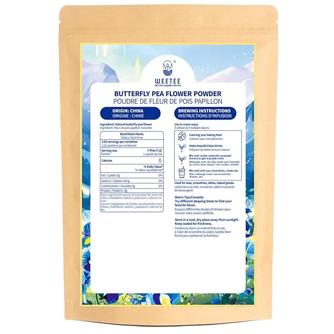 WT WEETEE Butterfly Pea Flower Powder, 100% Natural & Pure from Blue Butterfly Pea Flowers, Caffeine Free Herbal Tea For Blue & Purple Drinks