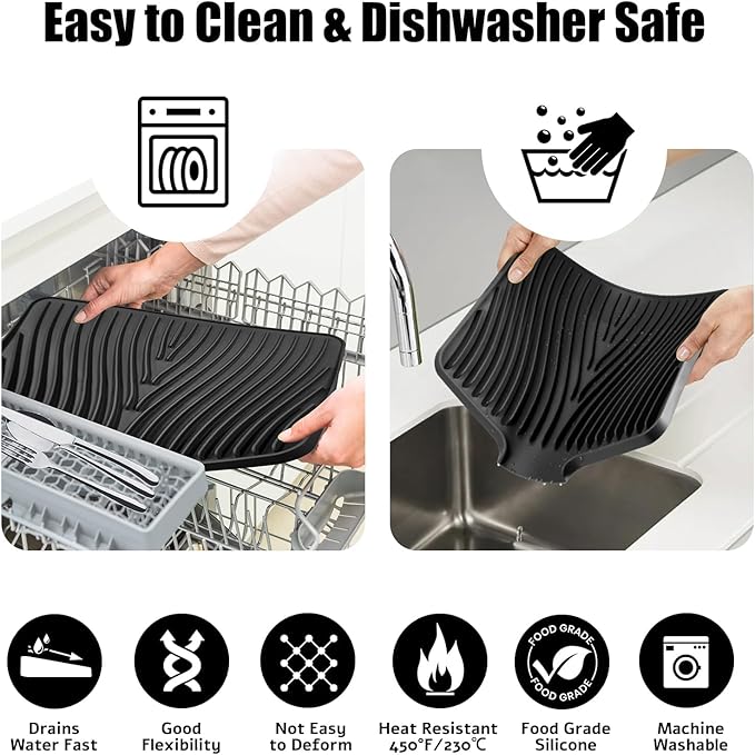 Silicone Dish Drying Mat, Stone Drying Mat for Kitchen Counter with Built-In Drain, Non-Slip Drain Pad with Built-in Drain, Heat Resistant Stone Drying Mat, 1Pcs Black(19.7" x 17")