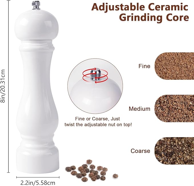 LHS Pepper Mill Grinder Salt Grinder, Arcylic Peppercorn Grinders with Adjustable Ceramic Grinding Core (8 Inch,White)