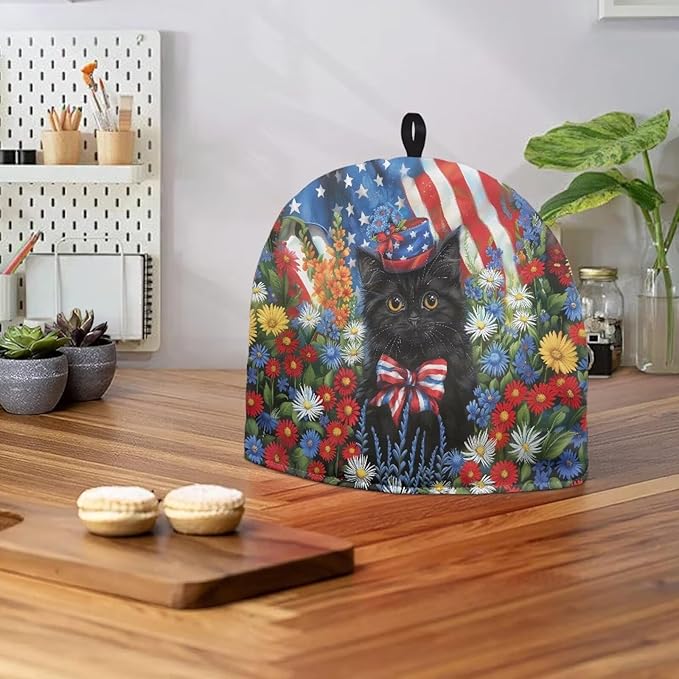 USA FlagTeapot Insulation Cover Soft Tea Pot Cozy Cover with Keep Warming Black Cat Kettle Kitchen Dust Cover for 4th of July Home Decor Dust Proof Kettle Cover