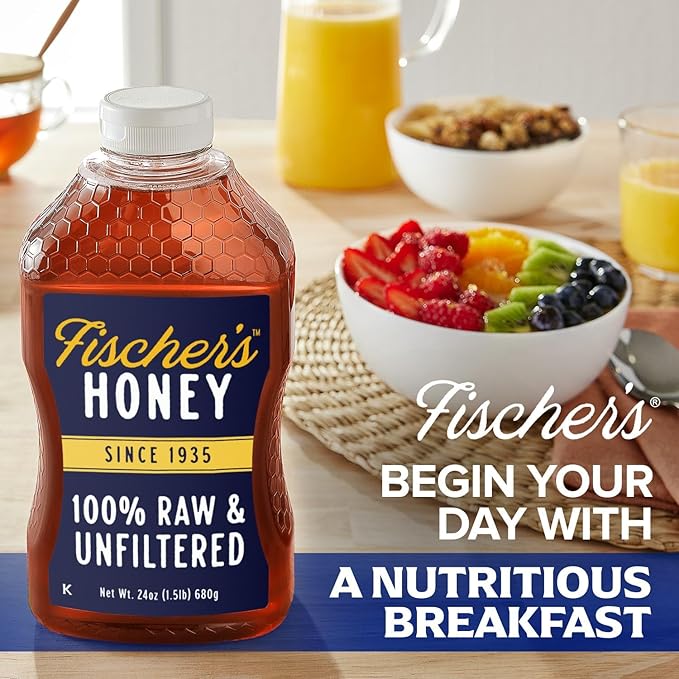 Fischer's 100% Pure, Raw & Unfiltered Honey, 24 oz – All-Natural Sweetener – Rich Flavor Profile, Packed with Nutrients