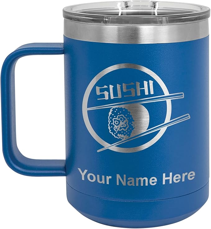 LaserGram 15oz Vacuum Insulated Coffee Mug, Sushi, Personalized Engraving Included (Dark Blue)