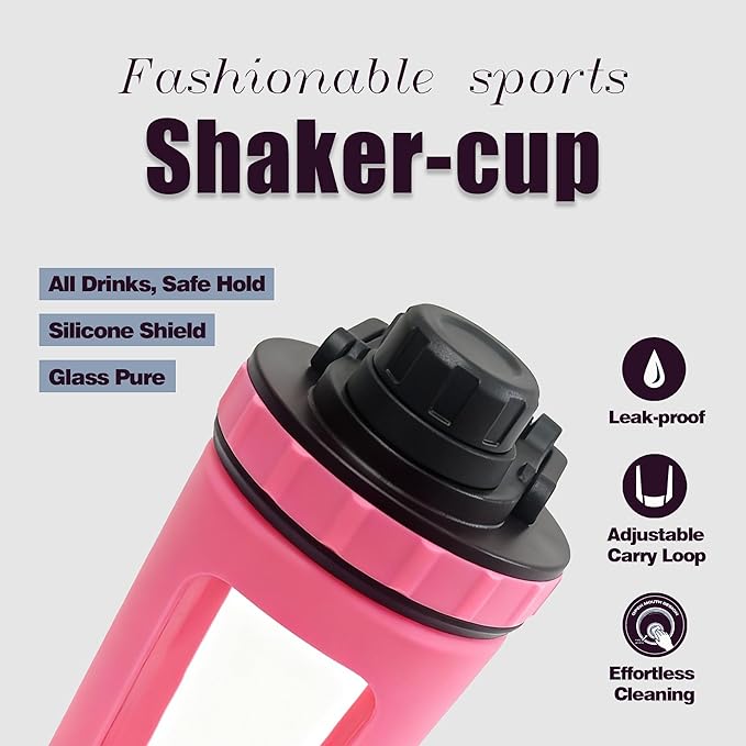 Glass Shaker Cup Odorless BPA Free– Glass Shaker Bottle for Protein 26oz Durable Borosilicate Glass, Leak-Proof & BPA-Free – Ideal for Creamy Protein Shakes, Smoothies & Workout Drinks (Pink)