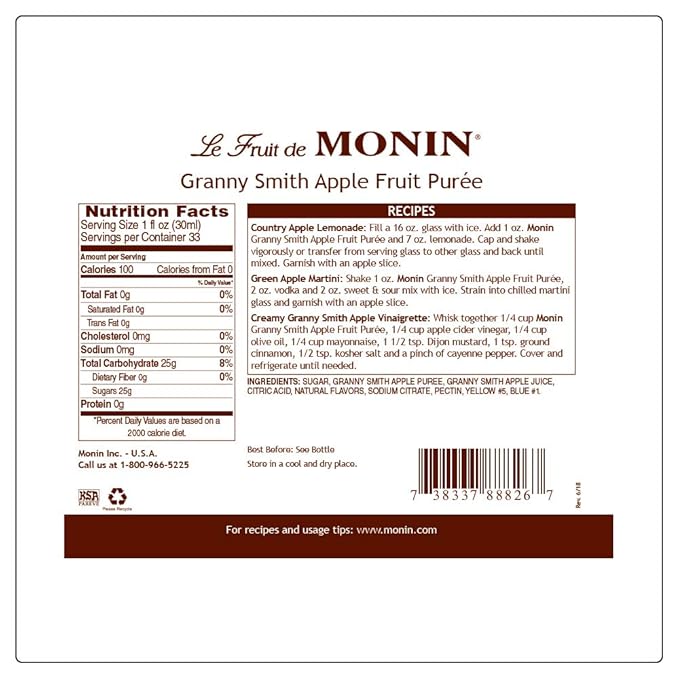 Monin - Granny Smith Apple Purée, Tart and Sweet, Great for Smoothies and Desserts, Gluten-Free, Non-GMO (1 Liter)