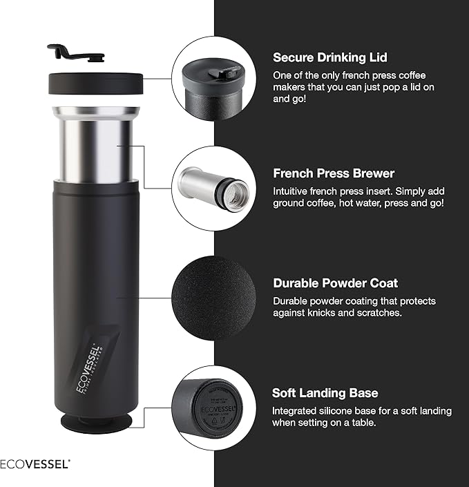 EcoVessel Travel French Press, Portable Coffee Maker, Stainless Steel Insulated Coffee Press, Reusable Single Serve Bottle for On-The-Go Use, 14oz (Black)