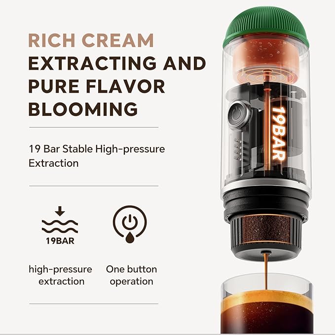 Fast self-heating Portable Electric Espresso Coffee Maker, 2 IN 1 Extraction Espresso Machine, Support Ground Coffee and NS capsule, for Travel,Car,camping,Climbing（Green） Rich Crema