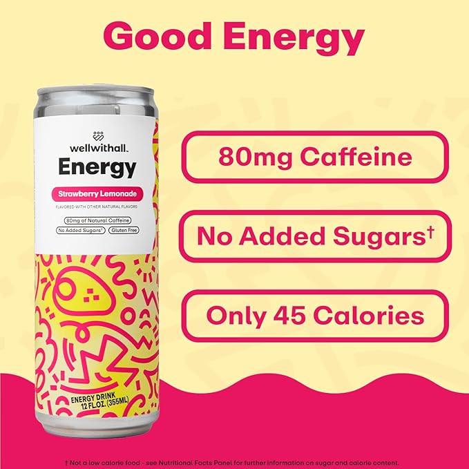 WellWithAll Strawberry Lemonade Energy Drink – Caffeine from Tea – With Vitamin C – Lightly Sparkling Beverage – Fruit & Veggie Juice Blend – 12 Oz (Pack of 12)
