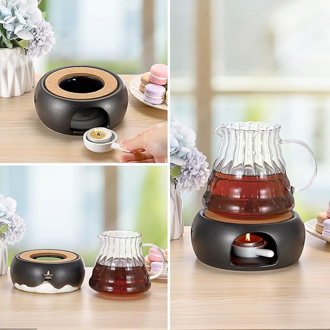 BSTKEY Teapot Warmer, Ceramic Tea Warmer with Tealight Holder and Cork Cushion, Teapot Heater for Heating Coffee Milk Tea (Black, Star Style)