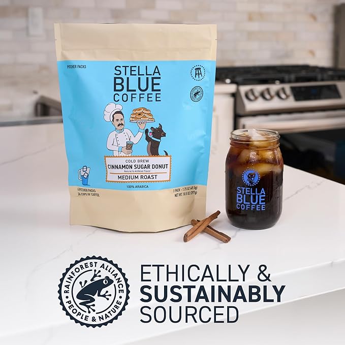 Stella Blue Cold Brew Coffee Bags, Cinnamon Sugar Donut, Medium Roast Ground Coffee, Smooth, Bold and Refreshing 100% Arabica, 6 Brew Packets, Makes 24 Cups, Rainforest Alliance Certified