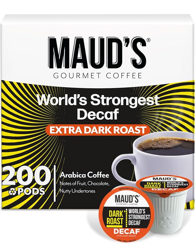 Maud's World's Strongest Decaf Coffee Pods, 200 ct, Decaffeinated Dark Roast Coffee in Recyclable Single Serve Pods – 100% Arabica Coffee, Compatible with Keurig K Cups Maker