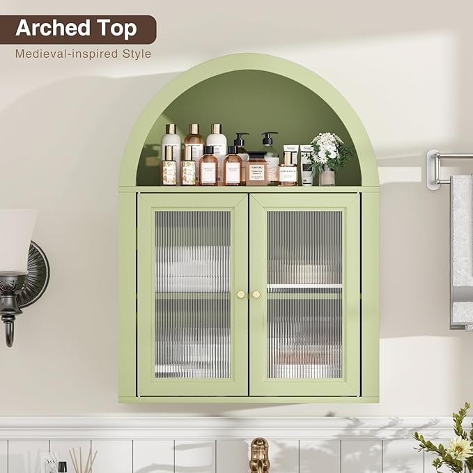 Bathroom Wall Cabinet, Arched Cabinet Wall Mount, 2 Acrylic Doors, 1 Adjustable and Removable Shelf, for Laundry Room, Living Room, Restroom, Kitchen, Green