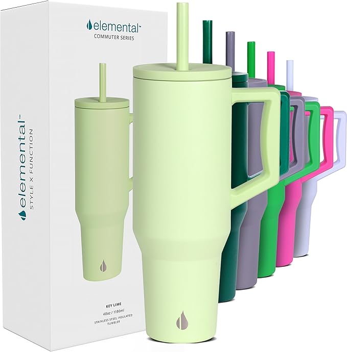 Elemental 40 oz Tumbler with Handle and Straw - Spill Proof Insulated Stainless Steel Commuter for Hot and Cold Beverages - Travel Coffee Mug with 2 Straws & Spill Proof Lid - 40oz - Key Lime