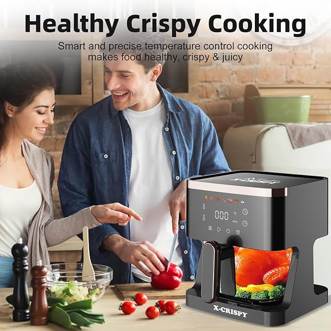 APSARAS USA Air Fryer Glass, 5.2QT Convection Oven Glass Air Fryer Non Toxic, Healthy Kitchen Bake,Grill,Steam Broil, & Roast -Includes Bowl,Broil Rack,Toasting Rack & More 97% Less Oil