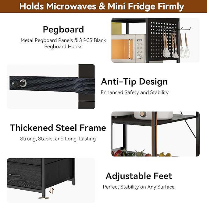Mini Fridge Stand with Adjustable Shelf, Power Outlet & Storage, Kitchen Organizer for Microwave, Coffee Bar, Dorm, Office (Black)