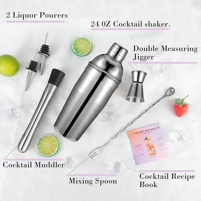 Cocktail Shaker Set, 6-Piece Mixology Bartender Kit Premium Shakers Bartending: Martini Shaker Jigger Mixing Spoon Muddler 2 Pourers Bar Tools Set with Built-in Bartender Strainer for Drink Shaker