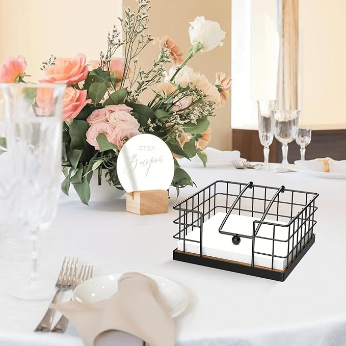 Homode Napkin Holder for Table, Farmhouse Napkin Holders for Paper Napkins, Flat Napkin Basket with Weighted Arm, Wood Kitchen Napkin Dispenser, Rustic Brown and Black