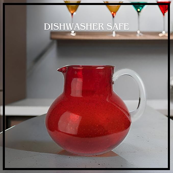 Artland Iris 90 Oz Handblown Glass Pitcher - Bubble Shape, Lead-Free - Versatile Drink Dispenser for Water, Juice, Cocktails - Enhanced Kitchen Decor, Dishwasher Safe (Ruby)