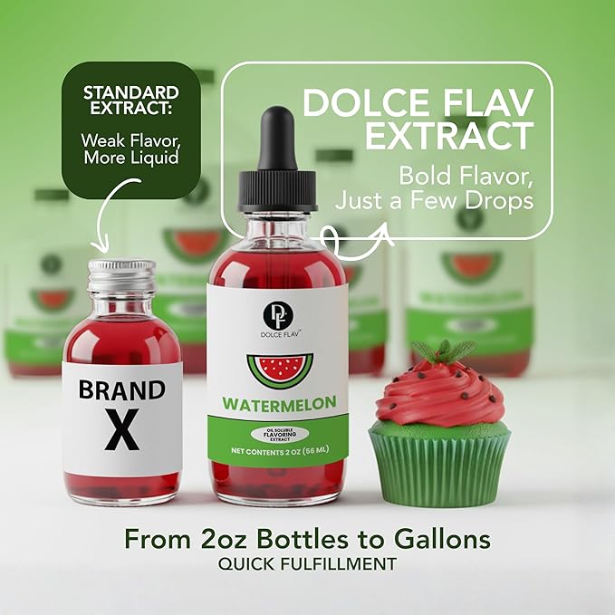 Dolce Flav Watermelon Extract – 2 Ounce Oil-Soluble Kosher, Sugar-Free, Concentrated Juicy Watermelon Flavoring for Baking, Chocolates & Desserts, Includes Measured Dropper