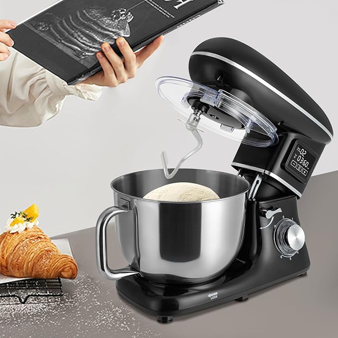 Stand Mixer, 6 +1 Speeds Electric Food Mixer, Portable Kitchen Mixer for Daily Use with Egg Whisk,Dough Hook,Flat Beater Used in Kitchens, Small Restaurants, Bakeries (Black)