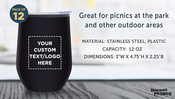 Custom Stemless Wine Tumblers 12 oz. Set of 12, Personalized Bulk Pack - Insulated, Perfect for Wine, Cocktails, Other Hot & Cold Beverages - Black
