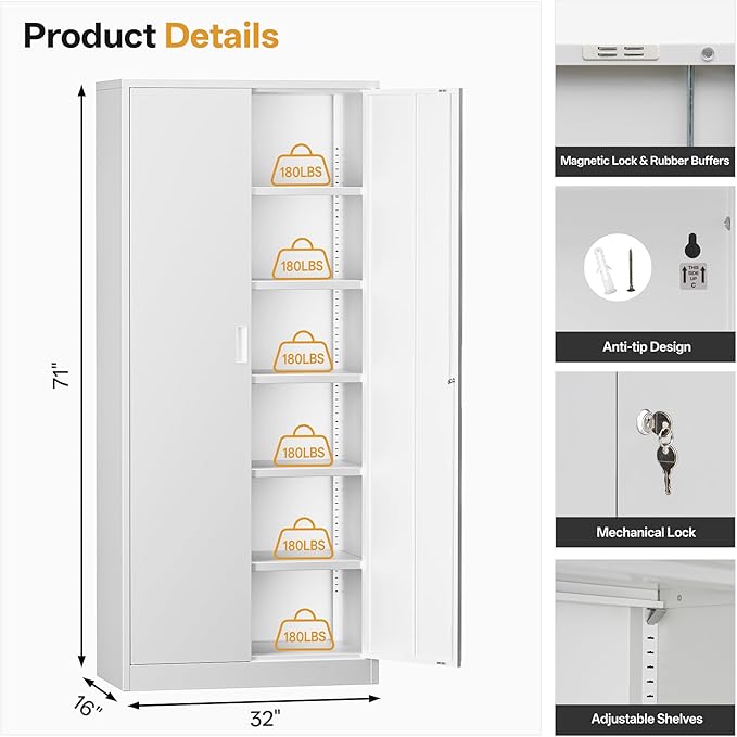 Steel SnapIt Cabinet, 71 Inch Metal Storage Cabinet with Locking Doors and 5 Adjustable Shelves, Garage Cabinet, Tool Cabinets for Office and Home Use (White)