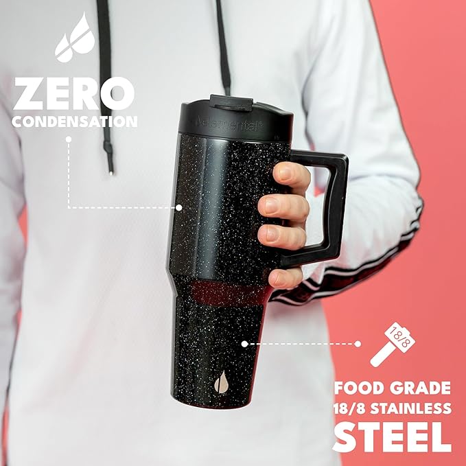 Elemental 32 oz 100% Leak Proof Tumbler with Handle & Straw - Stainless Steel Double Wall Insulated Tumbler for Hot and Cold Beverages - Travel Coffee Mug with Sip & Straw Lid - Black Speckle