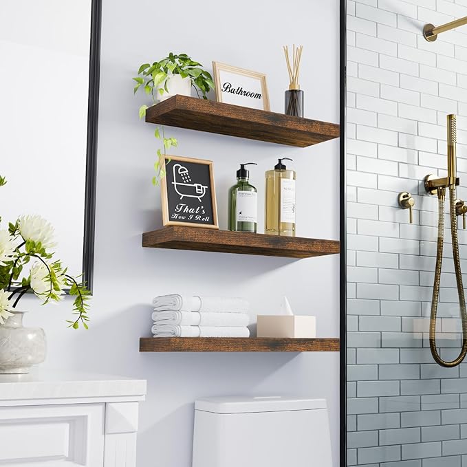 BAYKA Floating Shelves Bathroom for Wall – Shelf Over Toilet Farmhouse Rustic Wood for Bedroom, Kitchen, or Living Room Decor Organization Display Shelving – Rustic Brown, Set of 3