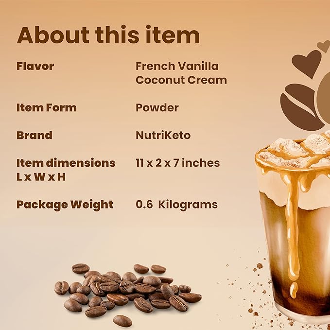 Keto Cappuccino - French Vanilla Coconut Cream - Keto Instant Coffee Mix with MCT Oil - Low Carb/High Fat, Organic Coffee Supports Ketosis - Energy - No Sugar - Made in USA – 28 Servings