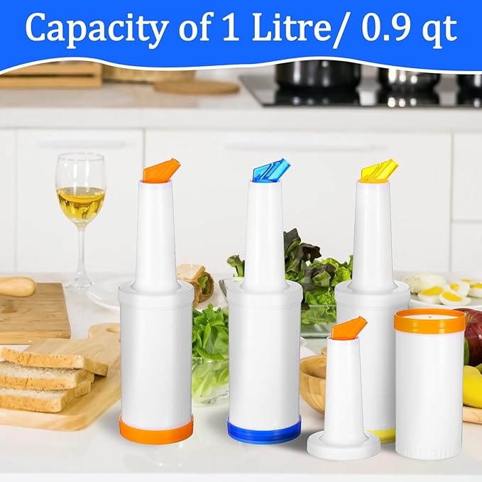 6-Piece Professional Bar Juice Pour Bottles Set - 0.9 Quart Juice Pourers for Bartending, Store and Pour Containers for Bar with Leakproof Spouts (Multicolor, 3.7x13 Inch, PP Plastic)