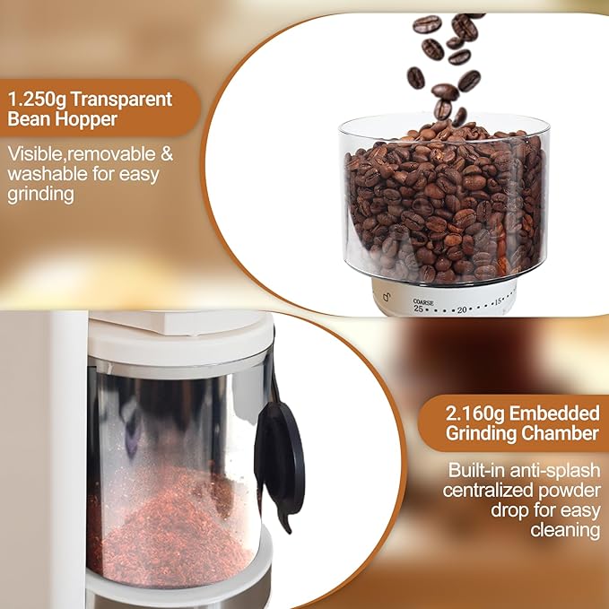 Electric Burr Coffee Grinder with 25 Grind Setting for 2-12 Cup Adjustable Stainless Steel Dosing Bean Mill Home Automatic Conical Freshly Ground Espresso Grinder with Cleaning Brush White