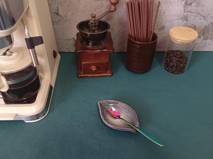 Coffee Spoon and Rest for Coffee Bar Accessories, Leaf Small Spoon Rest for Coffee Station, Tea Spoon Rest Tea Spoon Holder Teaspoon Rest, 1 PC (Retro Volcanic Ash with Rainbow Rose Spoon)