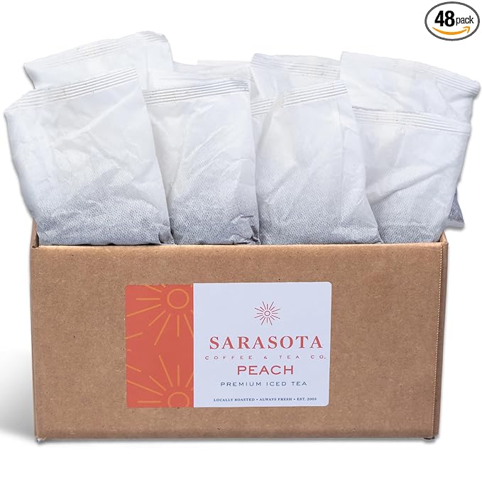 Sarasota Tea, Peach Flavored Iced Tea Bags One Gallon Size Filter Packs, 48 Gallons Per Box, Quick Brew Southern Ice Tea with Sweet Georgia Peach Flavor (1 oz, 48 Count)
