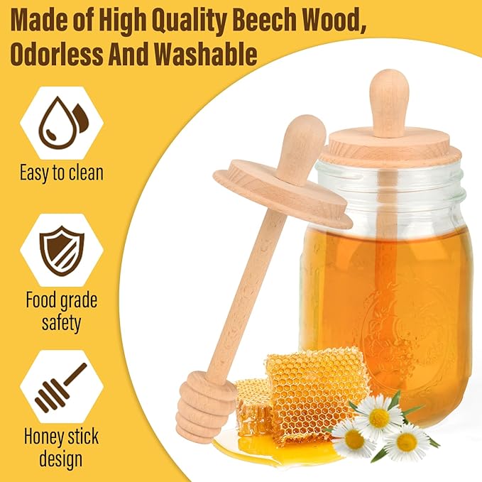 Wooden Mason Jar Honey Dippers - Honey Dipper Wooden Stick for Regular Mouth Mason Jars, Honey Spoon Mason Jar Honeycomb Lid for Regular Mouth 16 oz Mason, Ball Jars (2X Honey Dippers Standard 16OZ)
