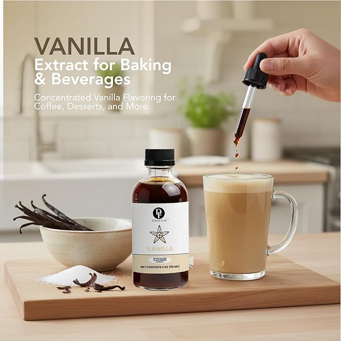 Dolce Flav Vanilla Extract – 2 Ounce Water-Soluble Kosher, Sugar-Free, Concentrated Vanilla Flavoring for Baking, Cookies & Desserts, Includes Measured Dropper