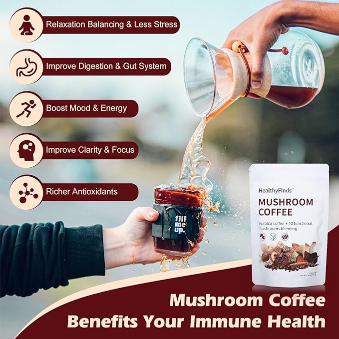 HealthyFinds Organic Mushroom Coffee Instant with 10 Superfood Mushrooms for Better Focus, Energy, Digestion & Immunity (6.35 oz)