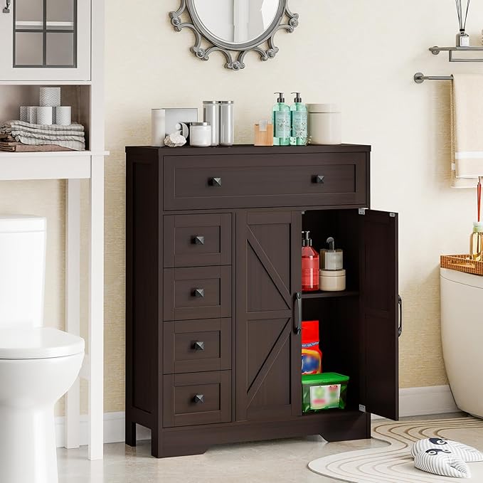 Vabches Farmhouse Storage Cabinet with 2 Doors and 5 Drawers, Freestanding Bathroom Cabinets Kitchen Pantry, Floor Storage Cabinet Hutch Cupboard for Living Room/Bathroom/Kitchen.Espresso