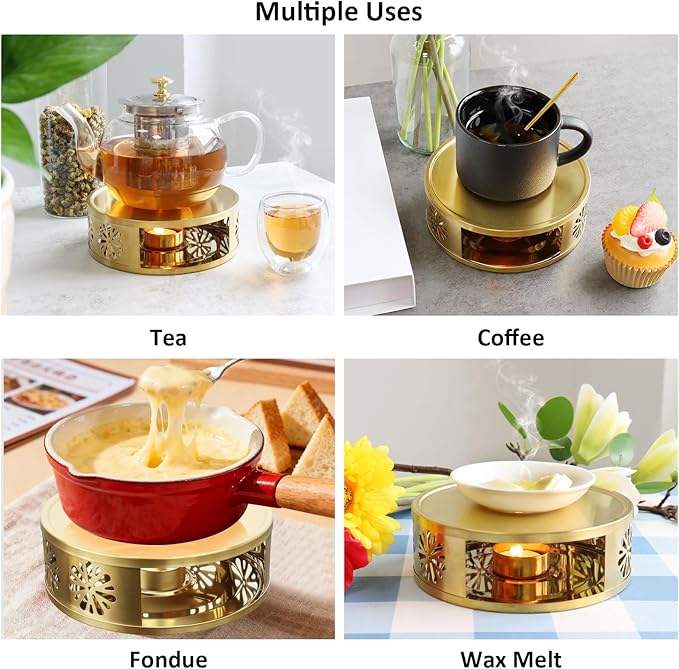 Tea Warmer Chrysanthemum Silhouette, JUKFITA Gold Brushed Stainless Steel Teapot Warmer, Includes 1 Tealight Holder