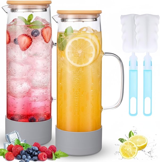 Honeydak 2 Pack 51oz/1.5 Liter Glass Pitcher with Lid, Water Pitcher with Silicone Base, Spout and Handle Large Ice Tea Carafe for Fridge, Anti-slip Glass Jug for Drinks