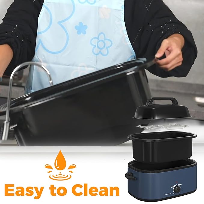 24 Quart Electric Roaster Oven with Visible & Self-Basting Lid, Large Turkey Roaster Oven with Defrost & Warm Function, Adjustable Temperature, Removable Pan & Rack, Stainless Steel, Blue