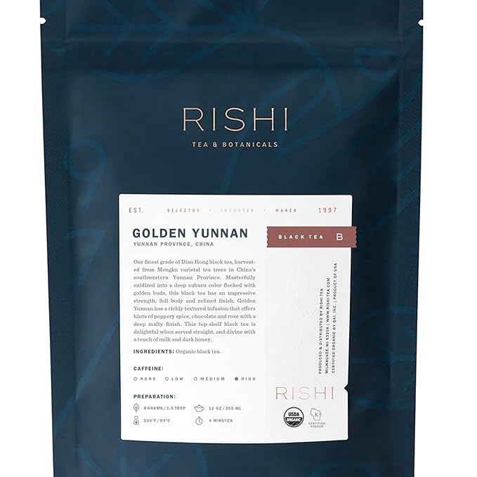 Rishi Tea Golden Yunnan Black Tea - Organic, Loose Leaf Tea, Smooth & Rich Ancient Chinese Tea, Energizing & Caffeinated - 16 Ounces, 56+ Servings
