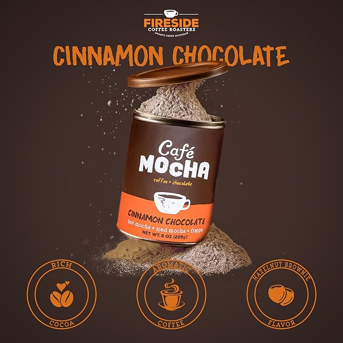 Fireside Coffee Cinnamon Chocolate Cafe Mocha - Instant Coffee Chocolate Blend - Premium Caffeinated Drink Mix for Hot, Iced, Milkshake, and Mocha Frappe Mix, Only Add Water and Enjoy, 8 Ounces
