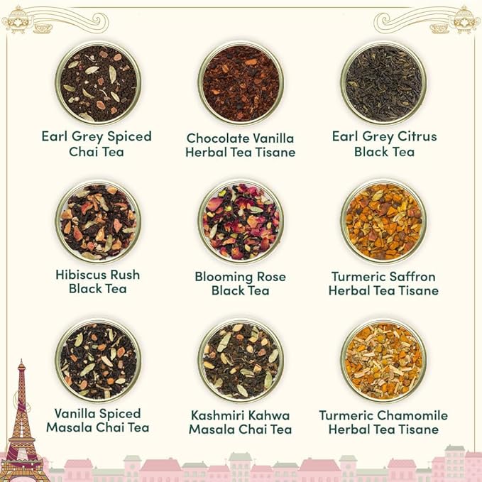 VAHDAM, Weekend in Paris Christmas Tea Gift Set - 9 Loose Teas | Tin Caddy Travel Edition Gift Box | Christmas 2025 Gift Ideas for Women & Men | Gluten Free, Non GMO
